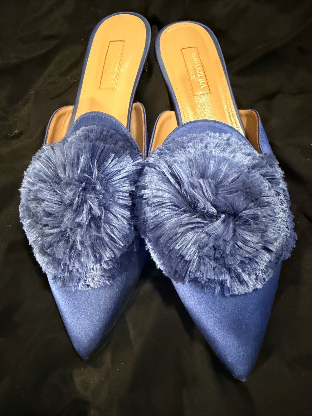 Aquazzura Royal Blue Satin Pom-Pom Pointed Mule